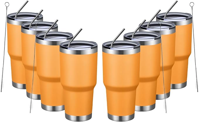 MEWAY 30oz Insulated Tumbler With Lids and Straws,Stainless Steel Double Vacuum Coffee Tumbler Cup, Brush, Durable Powder Coated Coffee Cup for Cold & Hot Drinks, Office, Travel(Orange,8 PACK) by MEWAY