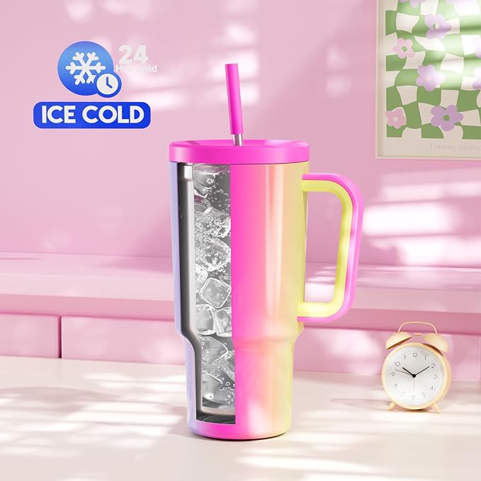Meoky 30 oz Tumbler with Handle, Tumbler with Lid and Straw, Insulated Stainless Steel Travel Mug, 100% Leak-proof, Cupholder Friendly, Keeps Cold for 24 Hours or Hot for 8 Hours (Carnival) - Image 2