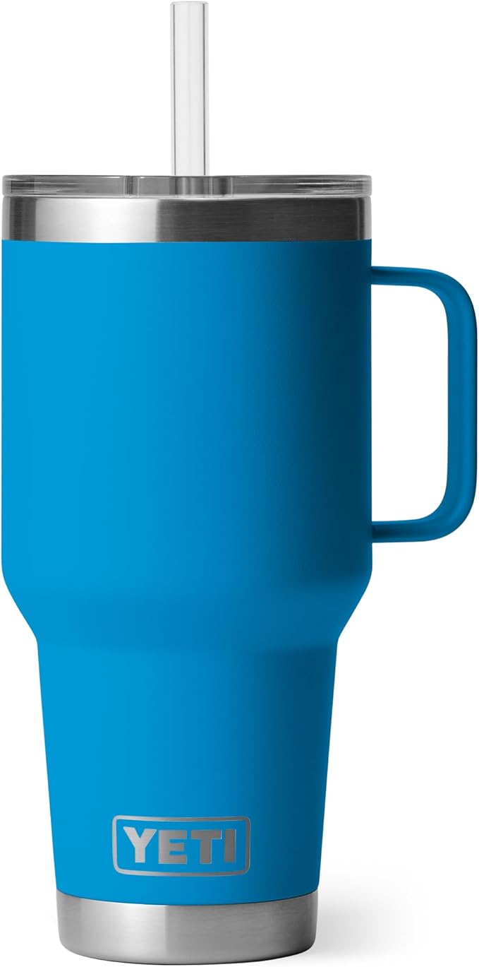 YETI Rambler 35 oz Tumbler with Handle and Straw Lid, Travel Mug Water Tumbler, Vacuum Insulated Cup with Handle, Stainless Steel, Big Wave Blue by YETI