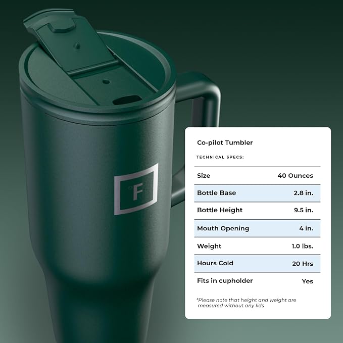 IRON °FLASK Co-Pilot 40 oz Insulated Tumbler with Straw & Flip Cap Lids - Cup Holder Bottle for Hot or Cold Drink - Leak-Proof, Double Walled - Water, Coffee Portable Travel Mug - Dark Pine - Image 9