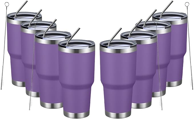 MEWAY 30oz Insulated Tumbler With Lids and Straws,Stainless Steel Double Vacuum Coffee Tumbler Cup, Brush, Durable Powder Coated Coffee Cup for Cold & Hot Drinks, Office, Travel(Purple,8 PACK) by MEWAY
