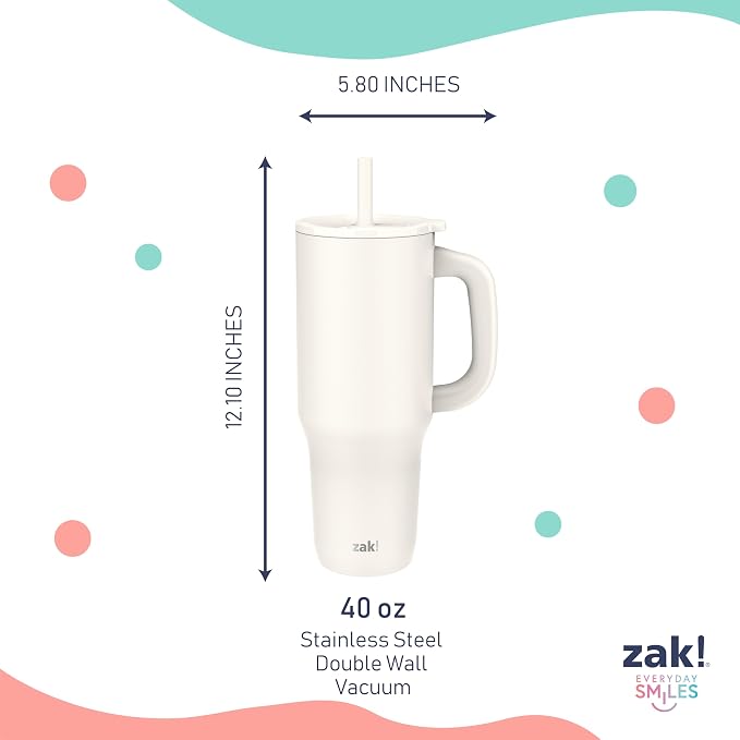 Zak Designs Sutton Travel Tumbler for On the Go, 40oz Stainless Steel with Vacuum Insulation, Silicone Straw, and Carry Handle for Cold Drinks (Cream White) - Image 7