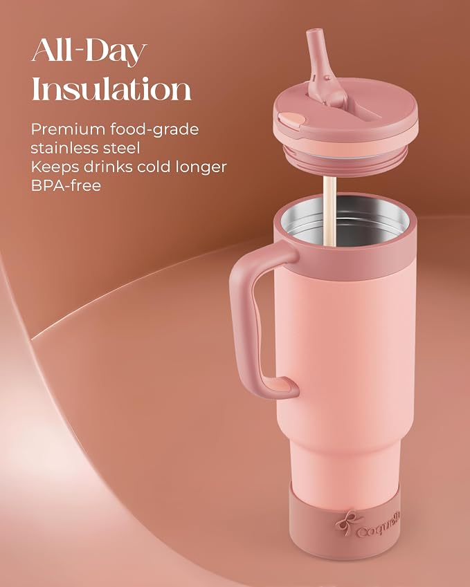 40 oz Insulated Tumbler with Handle and Push-Button Straw Lid, Stainless Steel Travel Cup for Gym Office, Leakproof, BPA-Free, Cup Holder Friendly, Bow Silicone Boot, (Peach Roasted) - Image 4