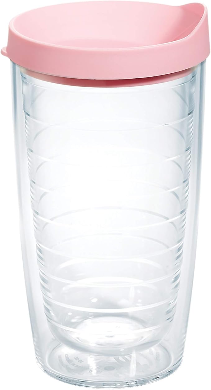 Tervis Clear & Colorful Lidded Made in USA Double Walled Insulated Tumbler Travel Cup Keeps Drinks Cold & Hot, 16oz, Pink Lid by TervisTumblerCompany