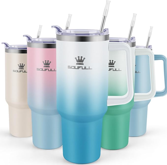 40 oz Tumbler with Handle and Straw Lid, 100% Leak-proof Travel Coffee Mug, Stainless Steel Insulated Cup for Beverages, Keeps Cold for 34Hrs or Hot for 10Hrs, Dishwasher Safe (WhiteBlue) by SOUFULL