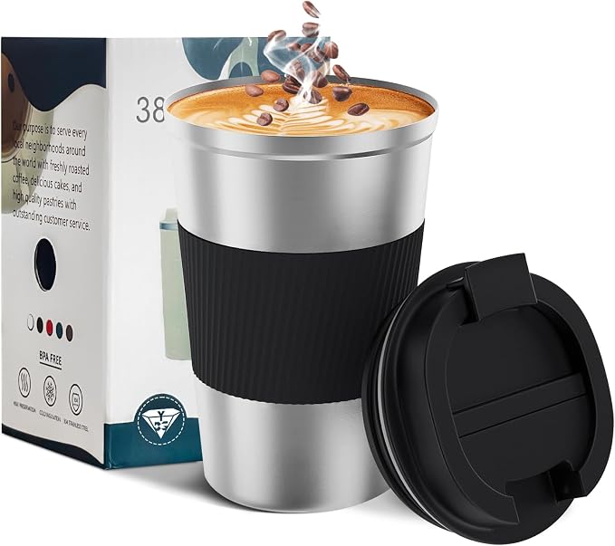YINBAOGE Insulated Travel Coffee Mug, Spill & Leak Proof, Portable To Go Camping Stainless Steel Coffee Tumbler, Reusable Thermal Coffee Cup with Lid for Hot & Cold Drinks(Silver black, 12 OZ) by YINBAOGE