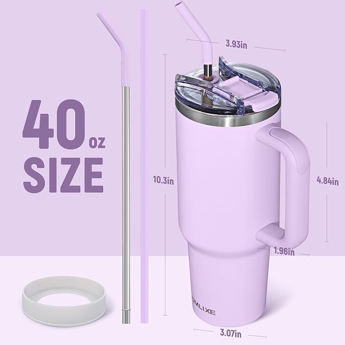 40 oz Tumbler with Handle and Straw Lid,Insulated Reusable Stainless Steel Water Bottle Travel Mug，Cupholder Friendly Double Wall Vacuum Sealed Cup (Lavender Purple) - Image 3