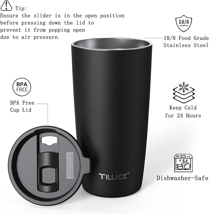 TILUCK 20 oz Insulated Tumbler with BPA-Free Lid, Stainless Steel Vacuum Travel Coffee Mug, Double Wall Coffee Tumbler（20oz，Matte Black） - Image 2
