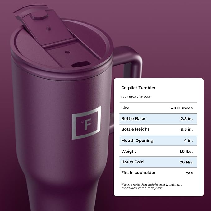 IRON °FLASK Co-Pilot Insulated Mug w/Straw & Flip Cap Lids - Cup Holder Bottle for Hot, Cold Drink - Leak-Proof - Water, Coffee Portable Travel Mug - Burgundy, 40 Oz - Image 9