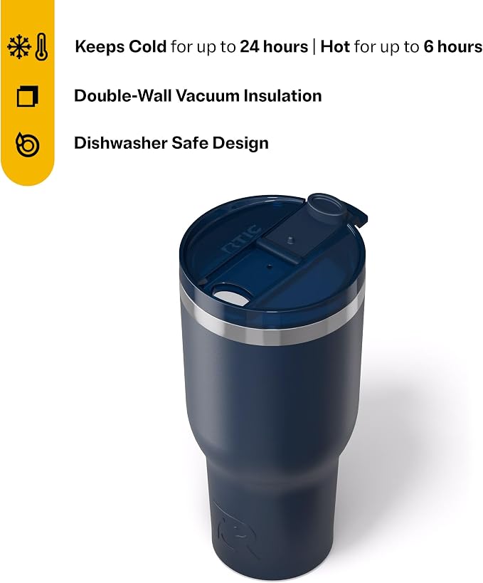 RTIC 40oz Essential Tumbler with Lid, Ceramic Lined, Insulated, Stainless Steel, Metal, Double Wall Vacuum-Insulation, Travel Cup for Iced Coffee, Tea, Hot and Cold Drink, Navy - Image 3