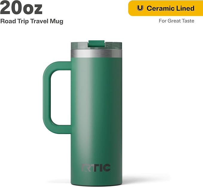 RTIC 20oz Road Trip Travel Mug with Lid and Handle, Ceramic Lined, Insulated, Stainless Steel, Metal, Double Wall Vacuum-Insulation, Portable Coffee, Tea Cup for Hot and Cold Drink, Pine Tree - Image 2