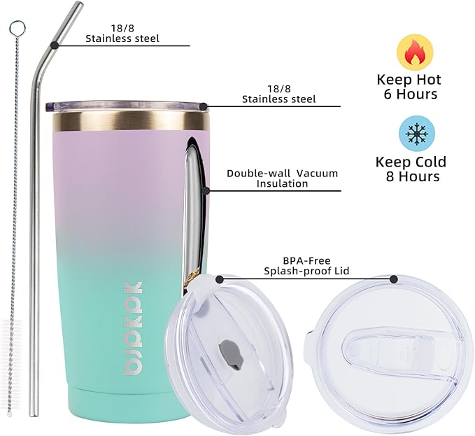 BJPKPK Insulated Stainless Steel Tumbler, Coffee Cup with Lid and Straw, Double Wall Vacuum Travel Mug, Powder Coated Leakproof Tumbler Cup,Lavender Green - Image 2