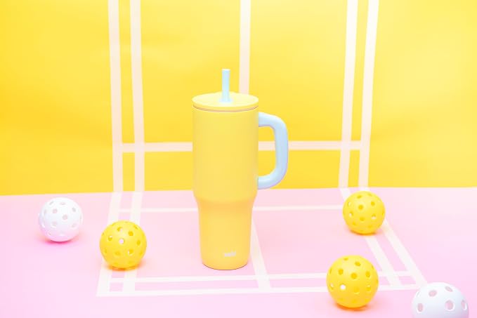 Zak Designs Sutton Travel Tumbler for On the Go, 40oz Stainless Steel with Vacuum Insulation, Silicone Straw, and Carry Handle for Cold Drinks (Sunflower Yellow) - Image 9