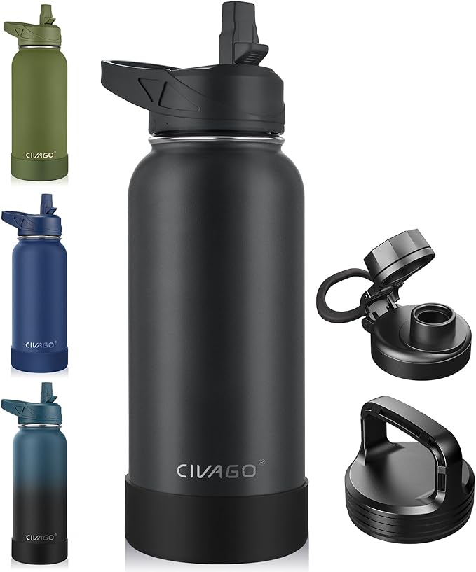 CIVAGO 32 oz Insulated Water Bottle With Straw, Stainless Steel Sports Water Cup Flask with 3 Lids (Straw, Spout and Handle Lid), Wide Mouth Travel Thermal Mug, Black by CIVAGO