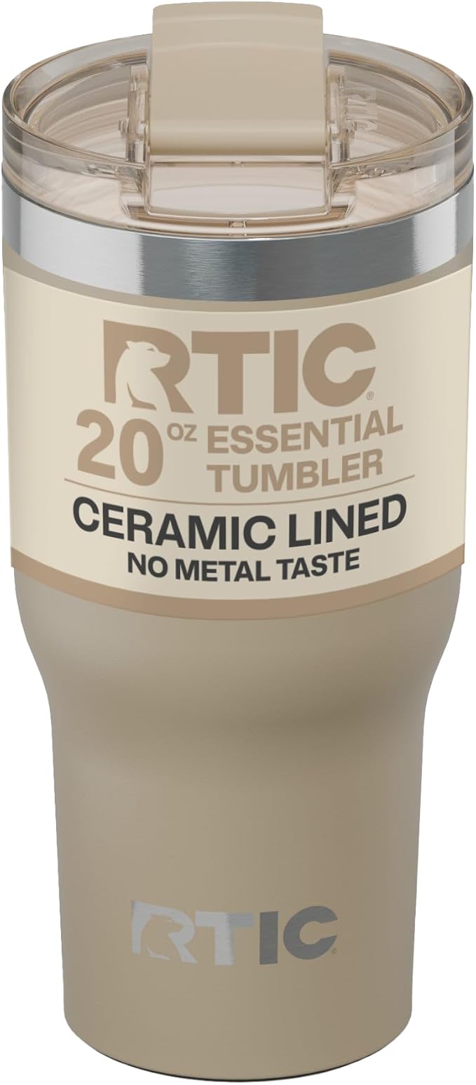 RTIC 20oz Essential Tumbler with Lid, Ceramic Lined, Insulated, Stainless Steel, Metal, Double Wall Vacuum-Insulation, Travel Cup for Iced Coffee, Tea, Hot and Cold Drink, Beach by RTIC