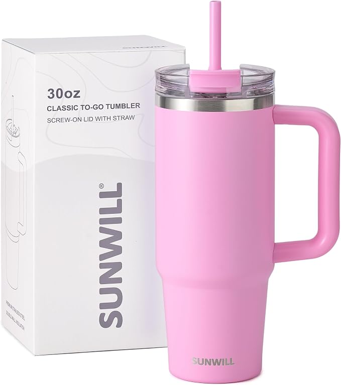 SUNWILL Coffee Tumbler with Handle, 30 oz Travel Mug with Lid and Straw Insulated, Stainless Steel Cup Leak Proof for Travel & Outdoor, Cupholder Friendly, Powder Coated Pink - Image 7