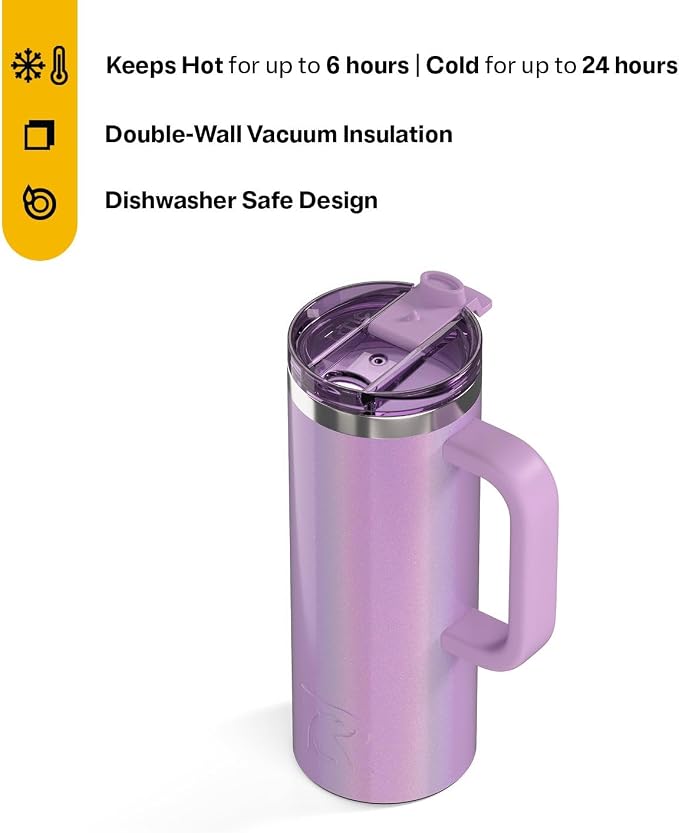 RTIC 20oz Road Trip Travel Mug with Lid and Handle, Ceramic Lined, Insulated, Stainless Steel, Metal, Double Wall Vacuum-Insulation, Portable Coffee, Tea Cup for Hot and Cold Drink, Lavender Glitter - Image 2