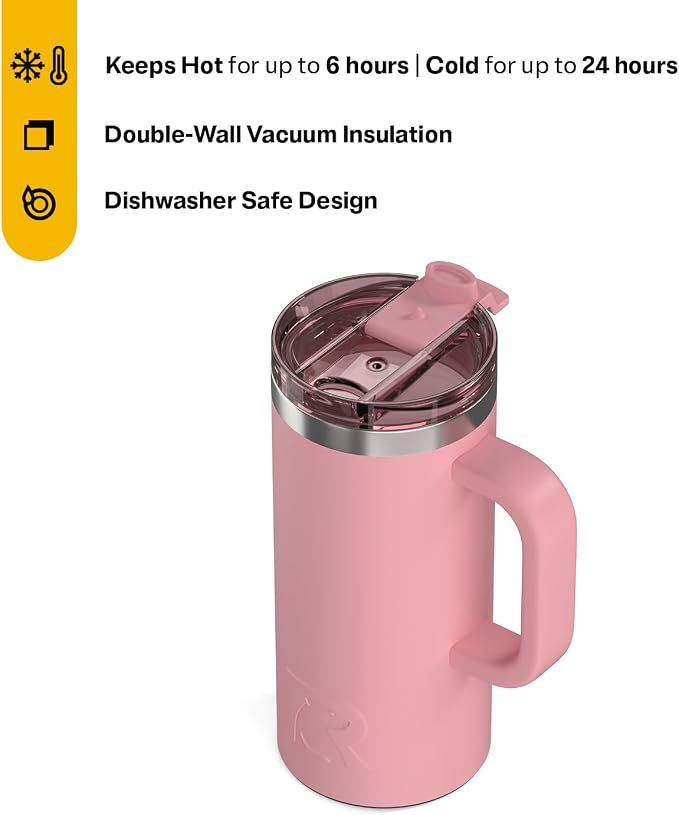 RTIC 16oz Road Trip Travel Mug with Lid and Handle, Ceramic Lined, Insulated, Stainless Steel, Metal, Double Wall Vacuum-Insulation, Portable Coffee, Tea Cup for Hot and Cold Drink, Dusty Rose - Image 2