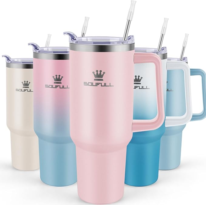 40 oz Tumbler with Handle and Straw Lid, 100% Leak-proof Travel Coffee Mug, Stainless Steel Insulated Cup for Hot and Cold Beverages, Keeps Cold for 34Hrs or Hot for 10Hrs, Dishwasher Safe (Pink) by SOUFULL
