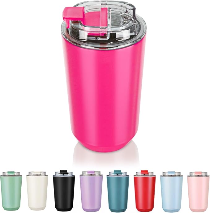 Puraville Insulated Tumblers with Lid, 14 oz Travel Coffee Mug Stainless Steel Vacuum Cup, Leak Proof Reusable Double Walled Coffee Tumbler for Iced and Hot Drinks, Fuchsia by Puraville