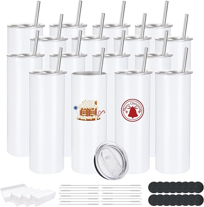 16 Pack Sublimation Tumblers Edge Blanks Skinny Straight Bulk 20 oz, Stainless Steel Double Wall Insulated Tumbler with Straw & Lids for Heat Transfer, White by Unknown