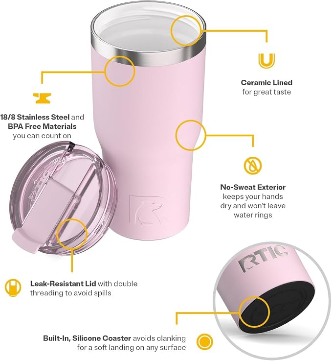 RTIC 30oz Essential Tumbler with Lid, Ceramic Lined, Insulated, Stainless Steel, Metal, Double Wall Vacuum-Insulation, Travel Cup for Iced Coffee, Tea, Hot and Cold Drink, Pale Pink - Image 3