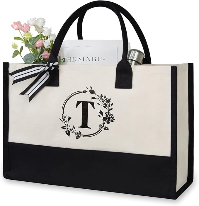 TOPDesign Personalized Initial Jute/Canvas Beach Bag, Monogrammed Gift Tote Bag by TOPDesign