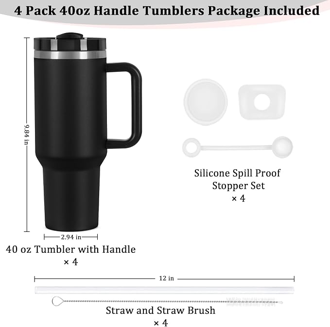 4 Pack 40 Oz Tumbler with Handle Bulk, Double Wall Vacuum Insulated Stainless Steel Tumbler with Lid and Straw, 40 oz cup with Silicone Spill Proof Stopper Set (Black) - Image 3