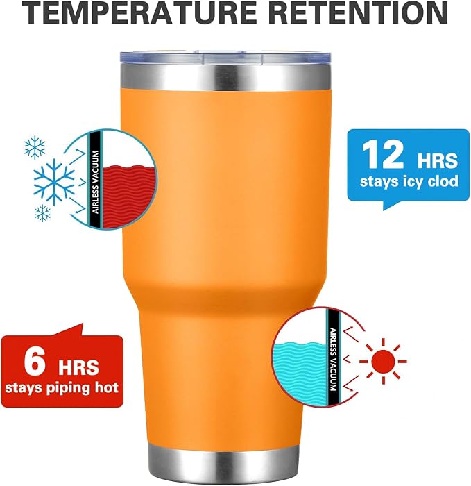 MEWAY 30oz Insulated Tumbler With Lids and Straws,Stainless Steel Double Vacuum Coffee Tumbler Cup, Brush, Durable Powder Coated Coffee Cup for Cold & Hot Drinks, Office, Travel(Orange,4 PACK) - Image 2