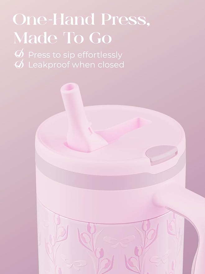 40 oz Insulated Tumbler with Handle and Push-Button Straw Lid, Stainless Steel Travel Cup for Gym Office, Leakproof, BPA-Free, Cup Holder Friendly, Bow Silicone Boot, Purple (Tulip Lilac) - Image 3
