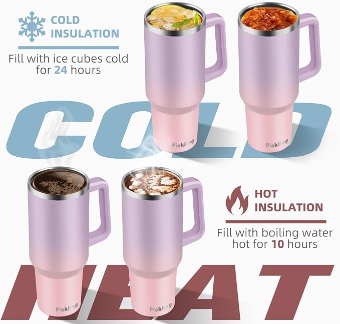 40 oz Tumbler with Handle and Straw, 100% Leak Proof Tumblers Cup, Stainless Steel Insulated Travel Coffee Mug, Keeps Drinks Cold for 24 Hours or Hot for 10 Hrs, Fit for Car Cup Holder, PurplePink - Image 3