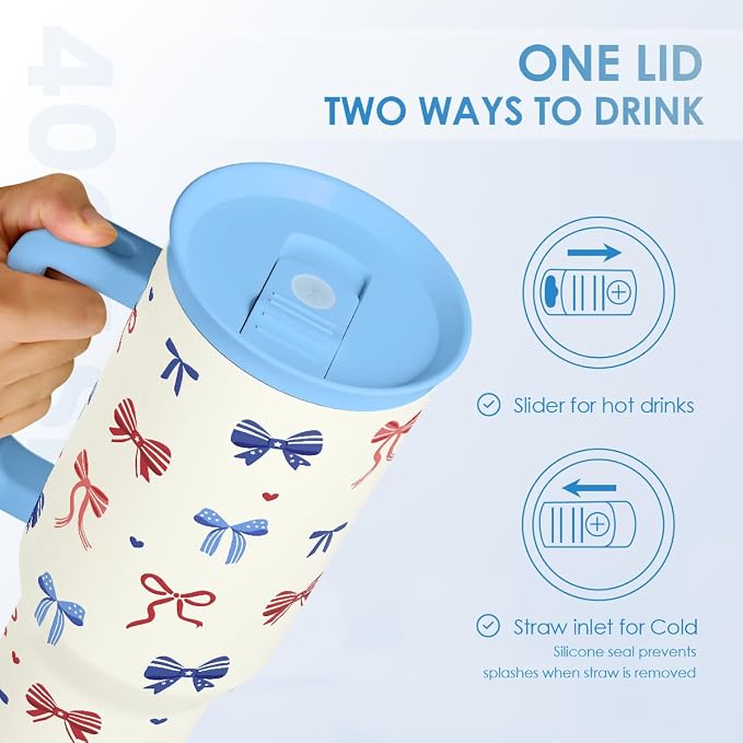 SANDJEST American Flag 40oz Tumbler with Handle and Straw, Insulated Stainless Steel Travel Coffee Mug for Women Girls, Gift Idea for Birthday Christmas 4th of July (Bow) - Image 4