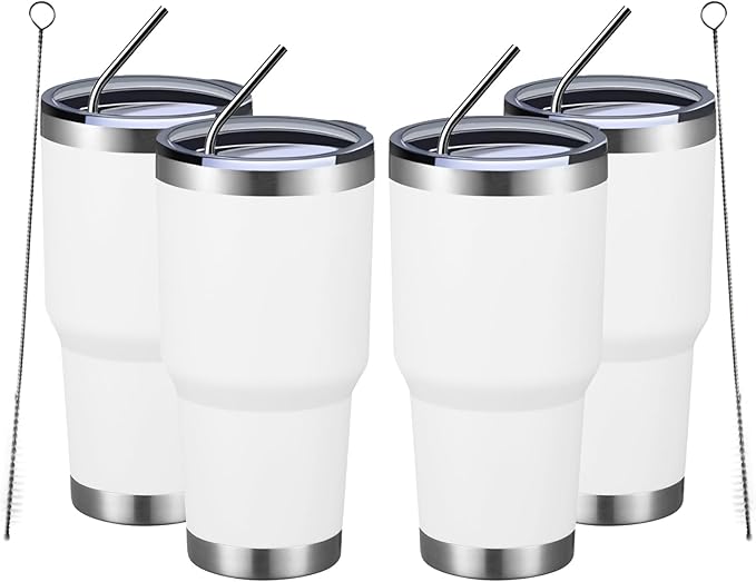 MEWAY 30oz Insulated Tumbler With Lids and Straws,Stainless Steel Double Vacuum Coffee Tumbler Cup, Brush, Durable Powder Coated Coffee Cup for Cold & Hot Drinks, Office(White,4 PACK) by MEWAY