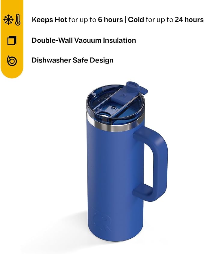 RTIC 20oz Road Trip Travel Mug with Lid and Handle, Ceramic Lined, Insulated, Stainless Steel, Metal, Double Wall Vacuum-Insulation, Portable Coffee, Tea Cup for Hot and Cold Drink, Cobalt - Image 2
