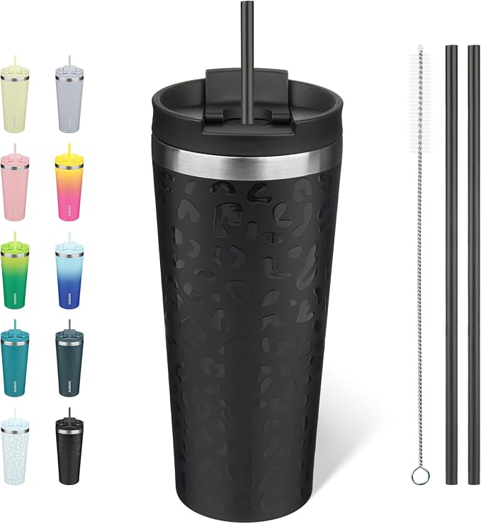 BJPKPK 22oz Insulated Tumbler With lid And Straw Stainless Steel Tumblers Travel Coffee Mug Reusable Thermal Cup,Black Leopard by BJPKPK