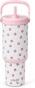 Ello Oasis Go+ 26oz Tumbler with Top Handle and Retracting Straw | Reusable Insulated Stainless Steel Cup, 100% Leakproof Water Bottle, 24 Hours Cold, Cup Holder Friendly For Travel | Cherries Jubilee by Ello