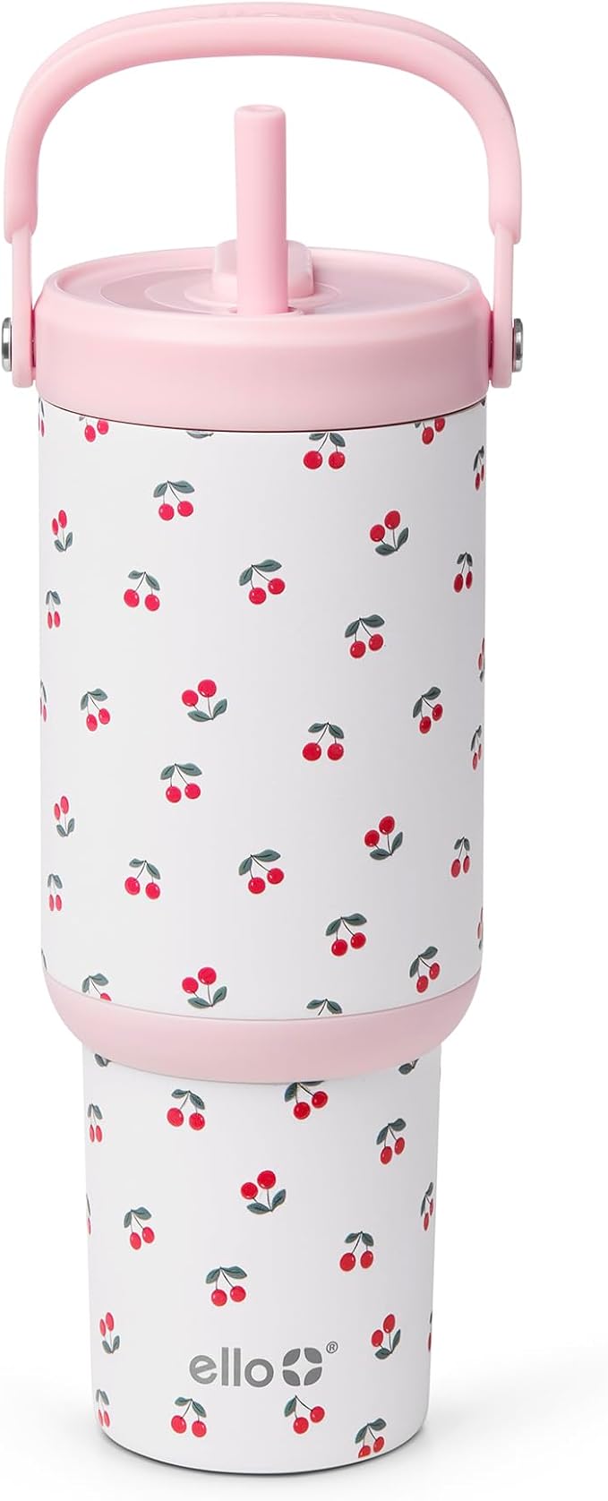 Ello Oasis Go+ 26oz Tumbler with Top Handle and Retracting Straw | Reusable Insulated Stainless Steel Cup, 100% Leakproof Water Bottle, 24 Hours Cold, Cup Holder Friendly For Travel | Cherries Jubilee by Ello