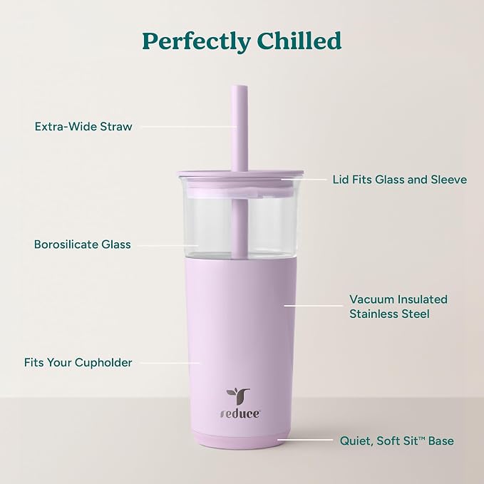REDUCE Aspen 20 oz Vacuum Insulated Glass Tumbler with Lid & Extra Wide Straw - Keeps Drinks Cold for 12 Hrs - Ideal for Iced Coffee, Smoothies & Boba - Dishwasher Safe, Soft Base - Lilac Bud - Image 3