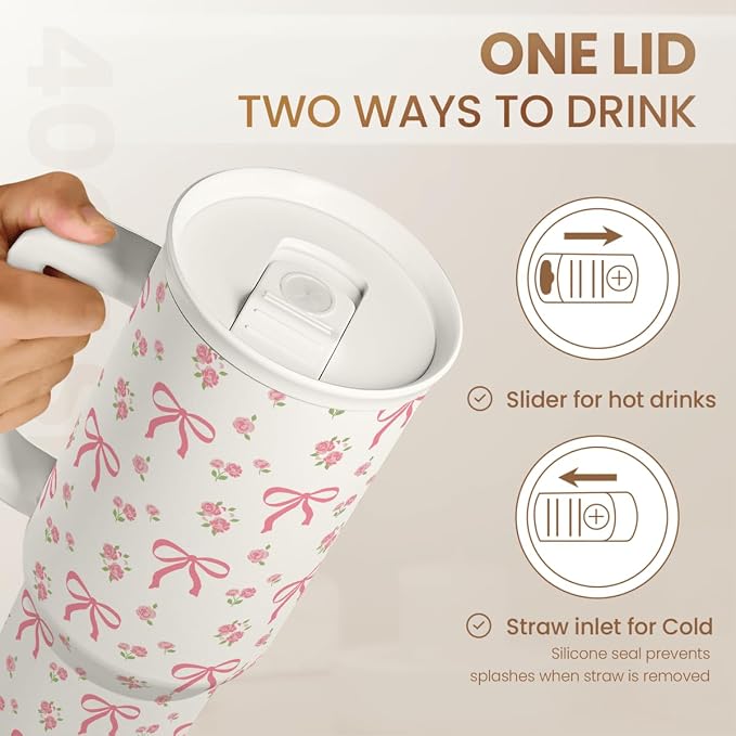 Bow Tumbler with Handle 40oz, Stainless Steel Insulated Tumblers Coffee Travel Cup with Slider Straw Lid, Gifts for Women Teen Girls Birthday - Image 5