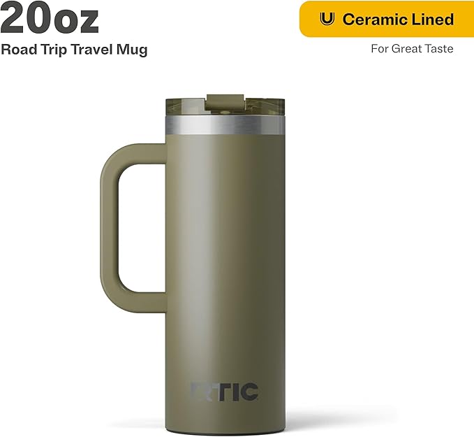 RTIC 20oz Road Trip Travel Mug with Lid and Handle, Ceramic Lined, Insulated, Stainless Steel, Metal, Double Wall Vacuum-Insulation, Portable Coffee, Tea Cup for Hot and Cold Drink, Olive - Image 2
