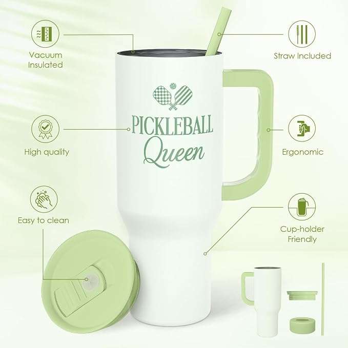SANDJEST Pickleball 40oz Tumbler With Handle and Straw, Pickleball Queen Insulated Stainless Steel Travel Coffee Mug for Women Girls Players, Gift Idea for Birthday Christmas Mothers Day - Image 2