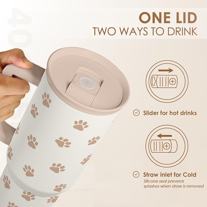 Paw Print Tumbler with Handle, Gifts for Dog Mom, Stainless Steel Insulated Tumblers Coffee Travel Mug Cup, Gift for Women Girls on Birthday Christmas Mothers Day, 40oz - Image 5