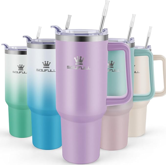 40 oz Tumbler with Handle and Straw Lid, 100% Leak-proof Travel Coffee Mug, Stainless Steel Insulated Cup for Hot Cold Beverages, Keeps Cold for 34Hrs or Hot for 10Hrs, Dishwasher Safe (LightPurple) by SOUFULL