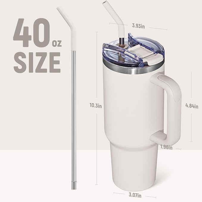 COKTIK 40 oz Tumbler With Handle and Straw, Insulated Tumbler With Leakproof Lids, Stainless Steel|BPA-Free, Cold for 24 H (Beige) - Image 2