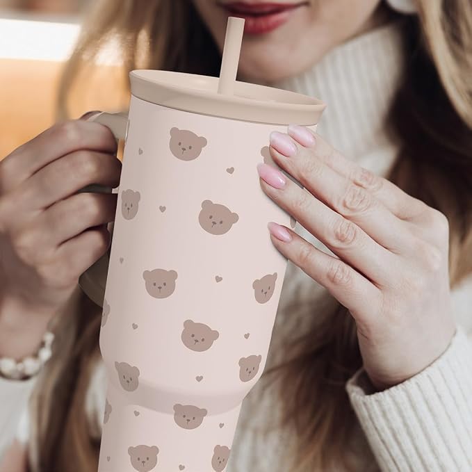 SANDJEST Bear Tumbler with Handle, Insulated Cup Stainless Steel Travel Mug Cup, Gifts for Women Girl, 40oz - Image 7