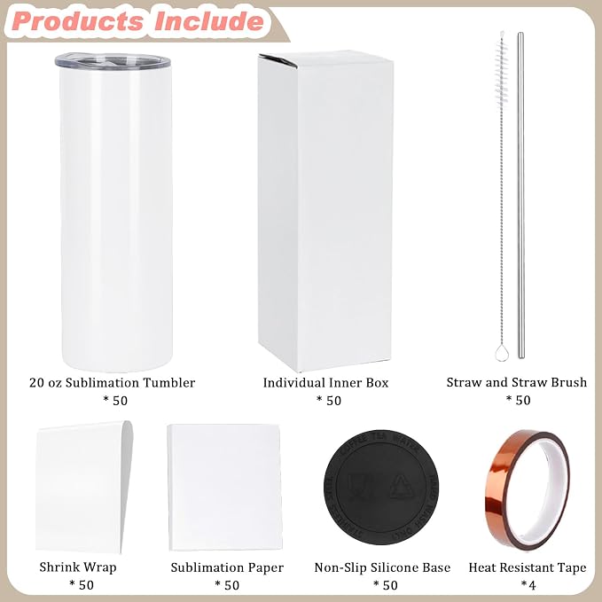 Muwnrol 50 Pack 20 Oz Sublimation Tumblers Bulk, Stainless Steel Double Wall Vacuum Insulation Cup, Sublimation Cups with Straw, Individually Box (Flat Edge) - Image 2