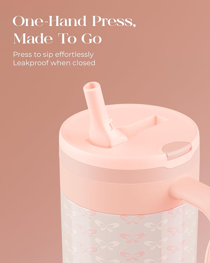 40 oz Insulated Tumbler with Handle and Push-Button Straw Lid, Stainless Steel Travel Cup for Gym Office, Leakproof, BPA-Free, Cup Holder Friendly, Bow Silicone Boot, Cream (Coquette Peachy) - Image 3