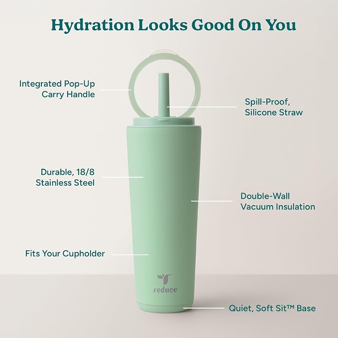 REDUCE Halo 24 oz Stainless Steel Vacuum Insulated Tumbler - Spill Proof Travel Mug with Flip Handle Lid - Keeps Drinks Cold for 32 Hrs - Dishwasher Safe - Cupholder Friendly - Matcha - Image 4