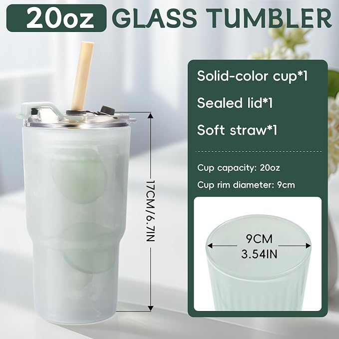 Iced Coffee Cups with Lids: Coffee Bar Accessories - Ribbed Glass Tumbler with Silicone Straw and Lid - 20oz Leak Proof Reusable Glass Cups and Tumblers with Lid and Silicone Straws(1Pcs-Blue) - Image 2