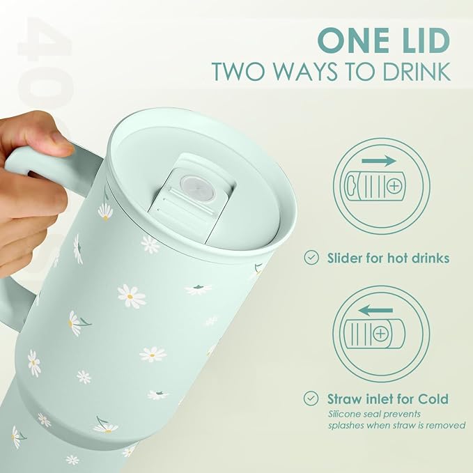 Daisy 40oz Tumbler with Handle and Straw – Flower Insulated Stainless Steel Travel Coffee Mug for Women Girls - Gift Idea for Birthday Christmas Mothers Day - Image 4